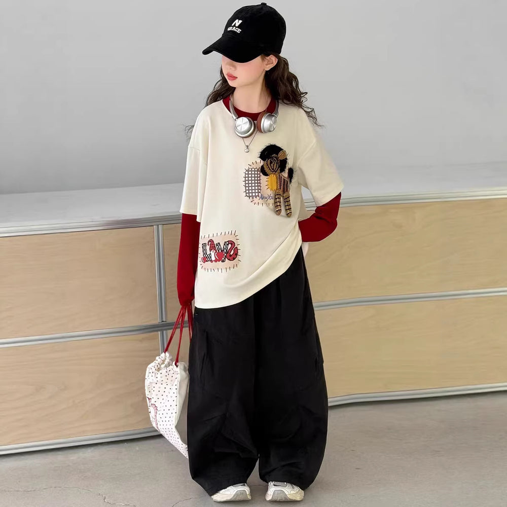 Processing personalizedgirlspringpatchworksweatshirtgirlfake two-piecetrendy single topskidsnew arrivalpullover shirttrendy