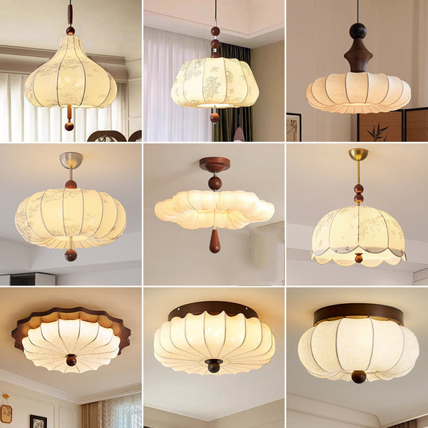 French medieval Nanyang chandelier round bedroom light American retro study living room creative fabric printing lamps