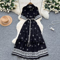 summer women's vintage-inspired short-sleeve tie-waist single-breasted printed dress - slimming maxi dress