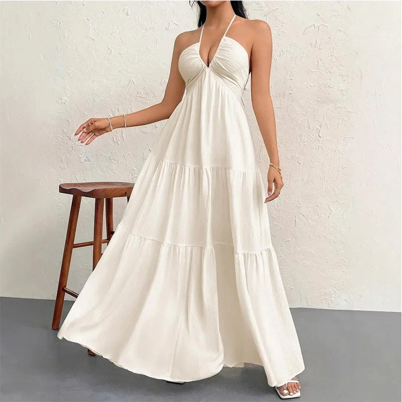 cross-border e-commerce dress: new summer women's vacation casual solid color backless tie-up maxi dress