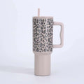 leopard print 40oz stainless steel thermos cup large capacity with handle vacuum straw cup outdoor car cup