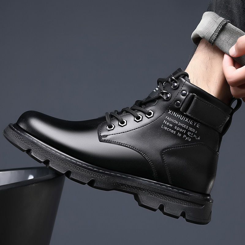 Boots high-top waterproof leather boots knee socksfleece-linedheattech cotton shoes men's short boots non-slip soles casualeasiest for match