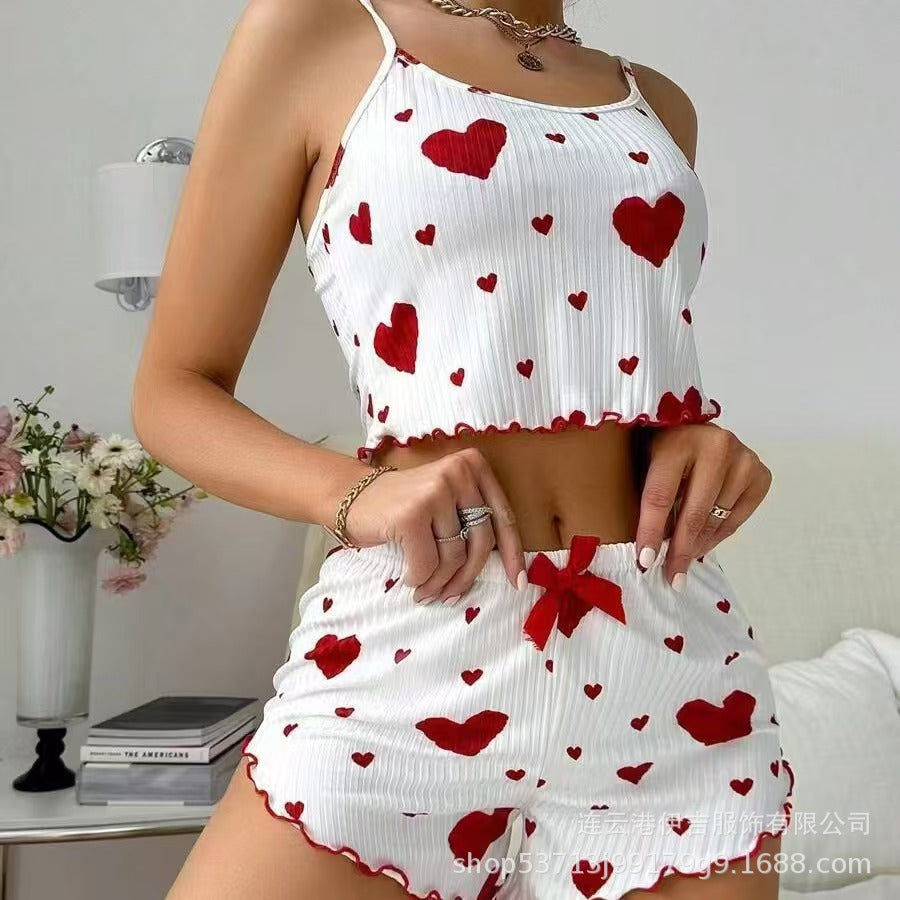 New european and american ribbed knit heart print cami and shorts set - sweet, casual, and perfect for loungewear or light outings