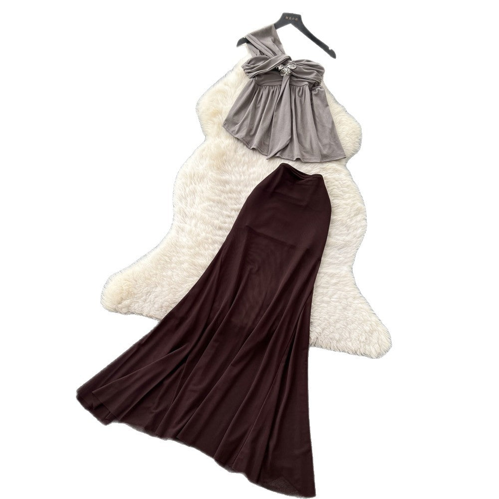 French chic halter neck one-shoulder sexy midi skirt two-piece set - women's summer slim-fit mesh fashionable elegant outfit
