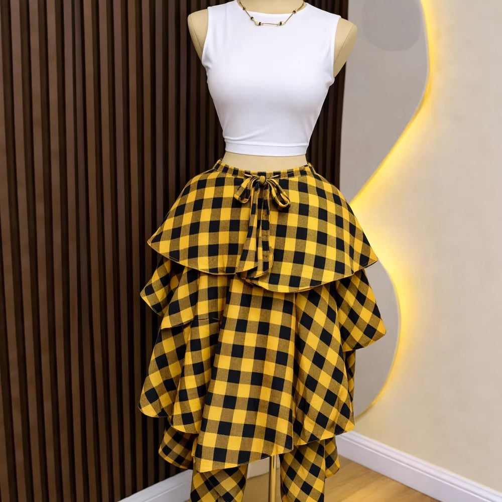 European and american cross-border women's fashion:  summer new arrival - high-waisted plaid layered midi skirt with asymmetrical hem