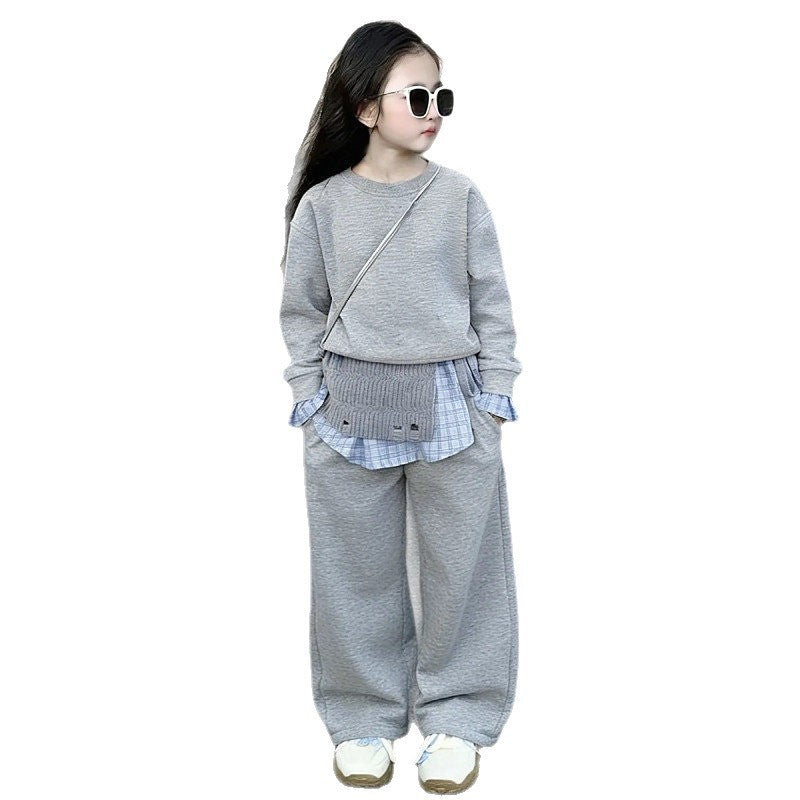 Girls' spring outfit : stylish kids' gray spring/autumn sweatshirt three-piece set, versatile sweatshirt outfit, korean style