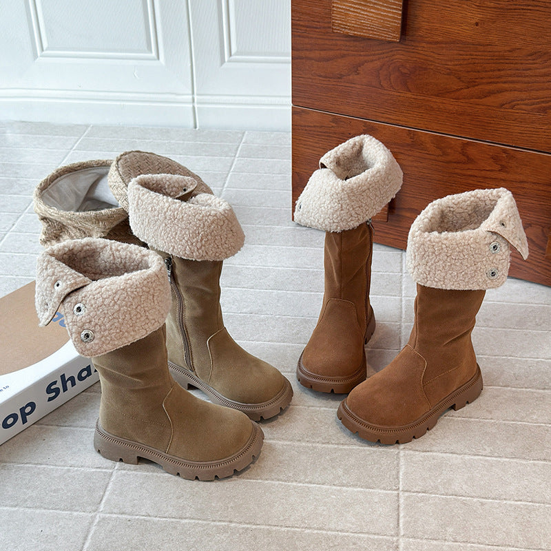 ins velvet boots 2025 autumn and winter new Korean version of girls Maillard flanged high boots thermal cotton boots