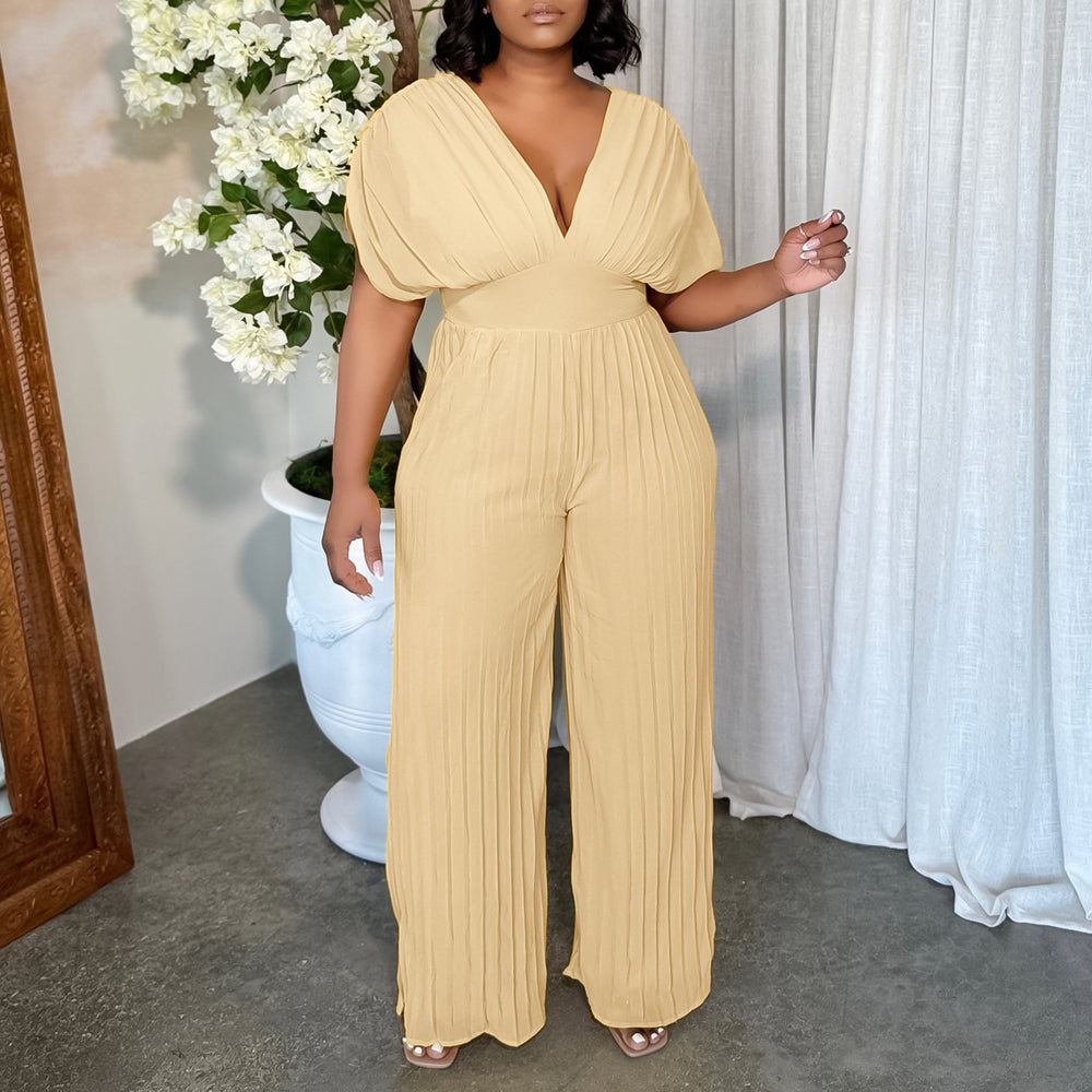 D3302  independent station foreign trade  new women's european and american cross-border sexy v neck pure color pleated jumpsuit