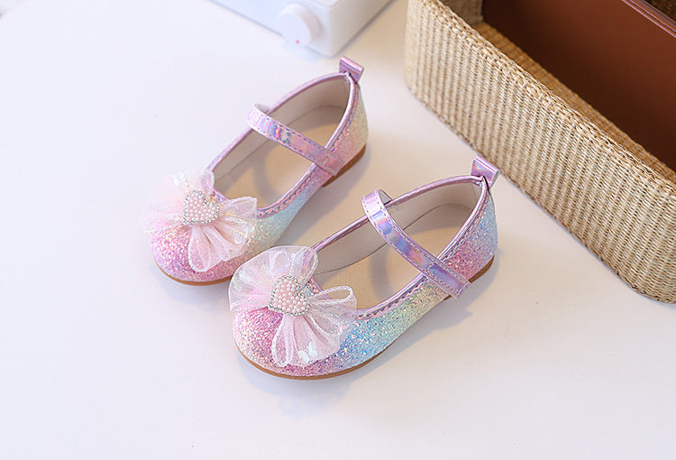 Gradient glitter girls' princess shoes - spring/autumn soft sole baby flats with pearl butterfly bow - children's crystal dress shoes