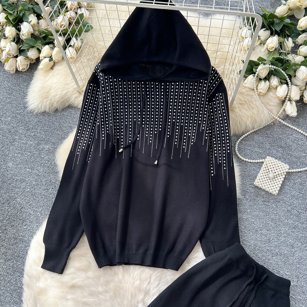 Relaxed and lazy style sweater suit women's autumloose hooded hot diamond knittingtopshigh waistloosestraight-leg pants