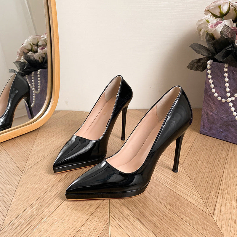 Yx patent leather high heels women's pointed toe waterproof platform non-fatigue stiletto heels commuter nude flats red sole high heels