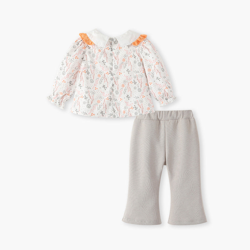 Girls' spring/autumn  new korean style floral embroidered outfit set - long sleeve top & flare pants