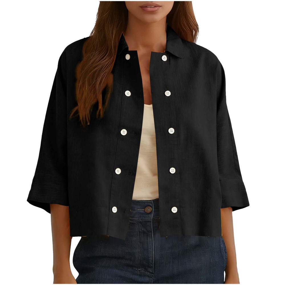 cross-border  solid color cotton linen double-breasted cropped short-sleeve cardigan shirt women's top blouse