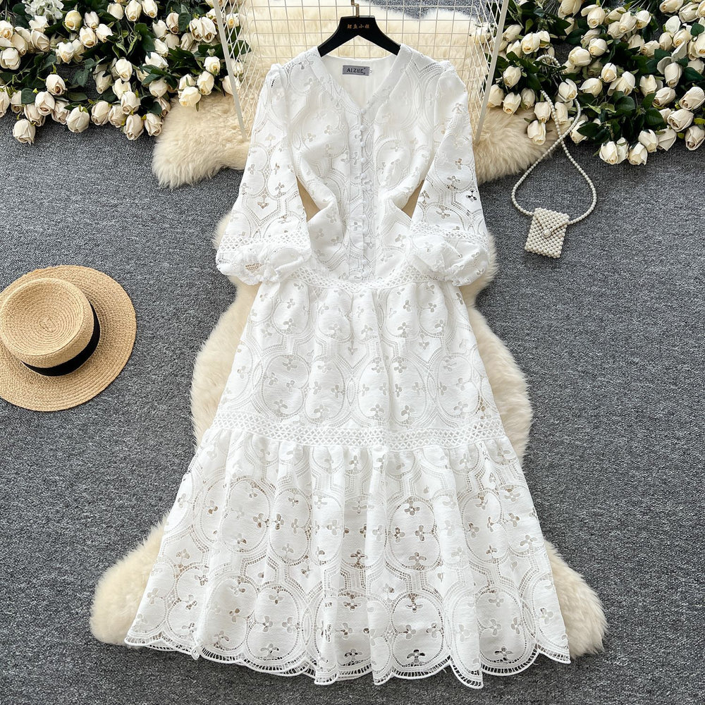 High-end fashion dress women's  spring new french style cinched waist slimming hollow-out crochet lace ruffle hem maxi dress