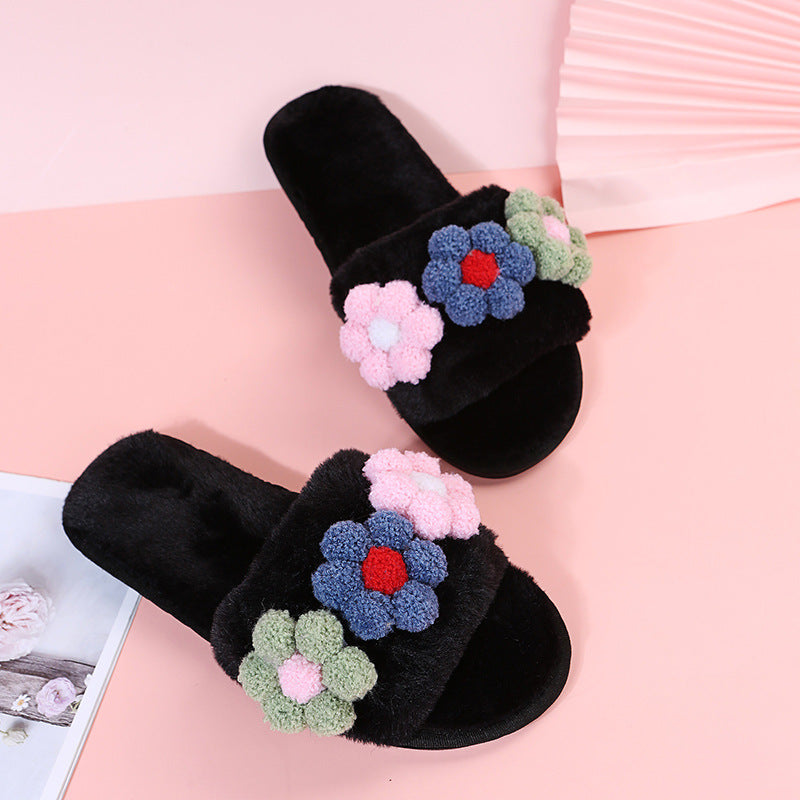 plus size women's shoes flats colorful flowers furry slippers women's open toe k-style one-piece outwear slippers trendy dropshipping