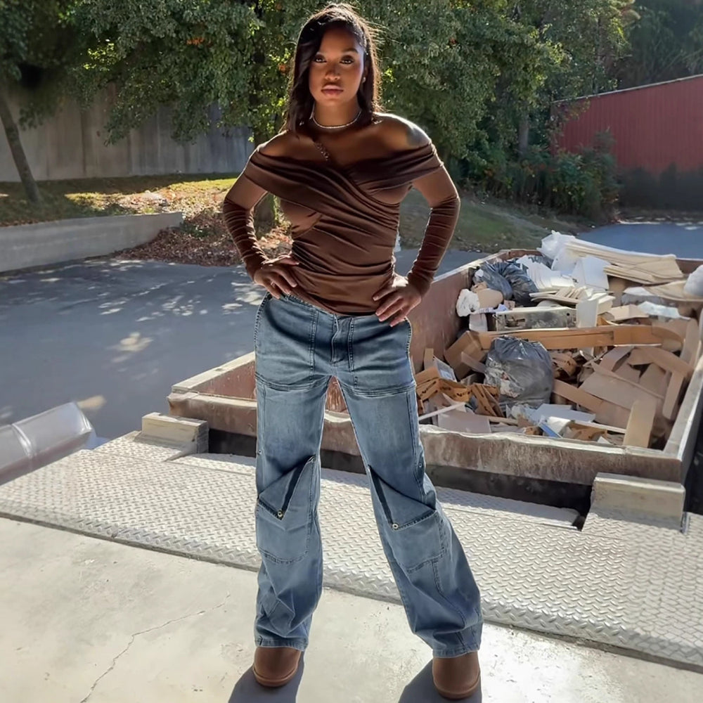 European and american casual denim jeans -  cross-border autumn/winter women's streetwear fashion - washed high-waisted trousers with metal button detail