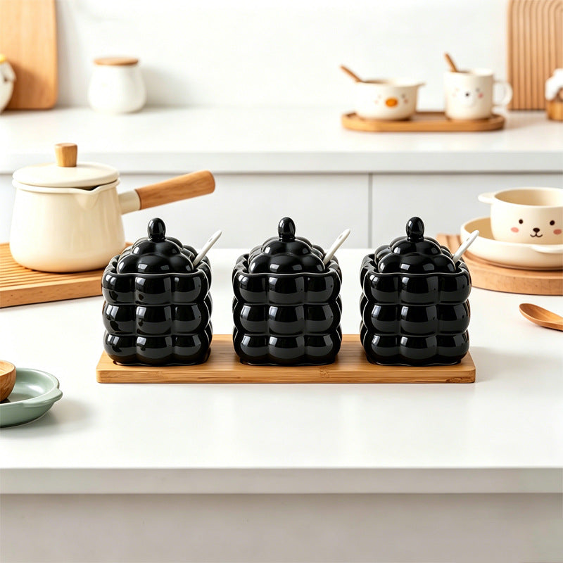 Original dopamine-themed thickened ceramic spice jar set with wooden stand - kitchen salt and seasoning containers with spoons - gift set