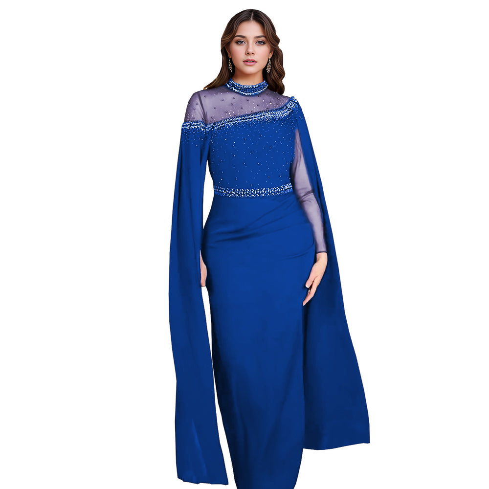 C7280 cross-border fashion evening gown dress: european & american style, chiffon & mesh paneling, heavily embellished with hotfix rhinestones & beaded appliqués, featuring trendy cape sleeves