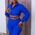D476  women's plus size fashionable and elegant turn-down collar shirt and high-waisted flare pants two-piece set - cross-border outfit