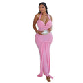 european and american style cross-border solid color women's bodycon crisscross tie-up backless ruched halter dress