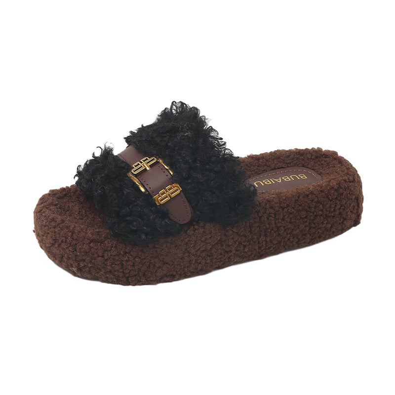 Thick sole heightened fur slippers women's outwear spring & fall new arrivalclassy leather buckle lamb wool home cotton slippers