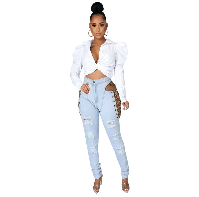 European and american export jeans -  women's fashion hot girl sexy side eyelet tie-up distressed stretch jeans