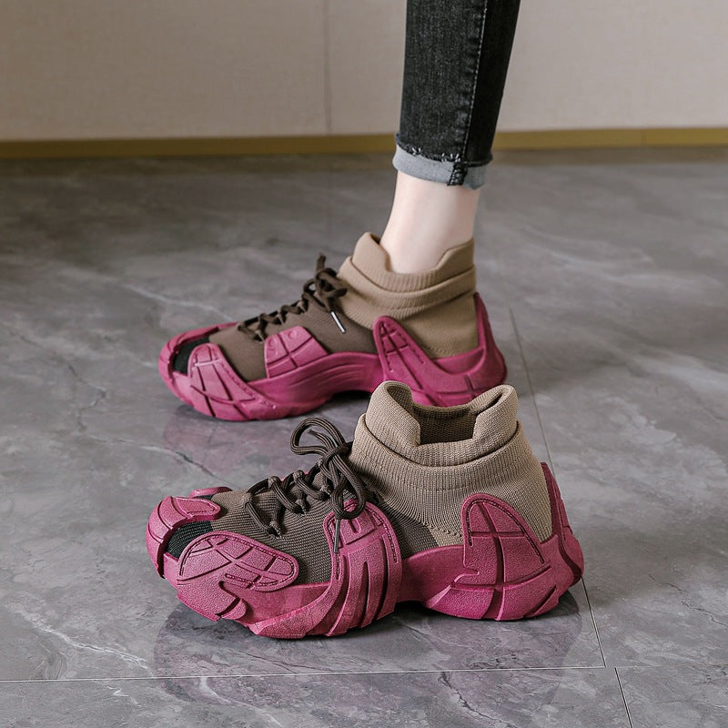 Women's spring versatile "ugly cute" dopamine shoes - octopus coconut sneakers, flyknit casual shoes, chunky platform dad shoes