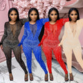 C6200   fashion women's mesh rhinestone v-neck long sleeve feather long jumpsuit