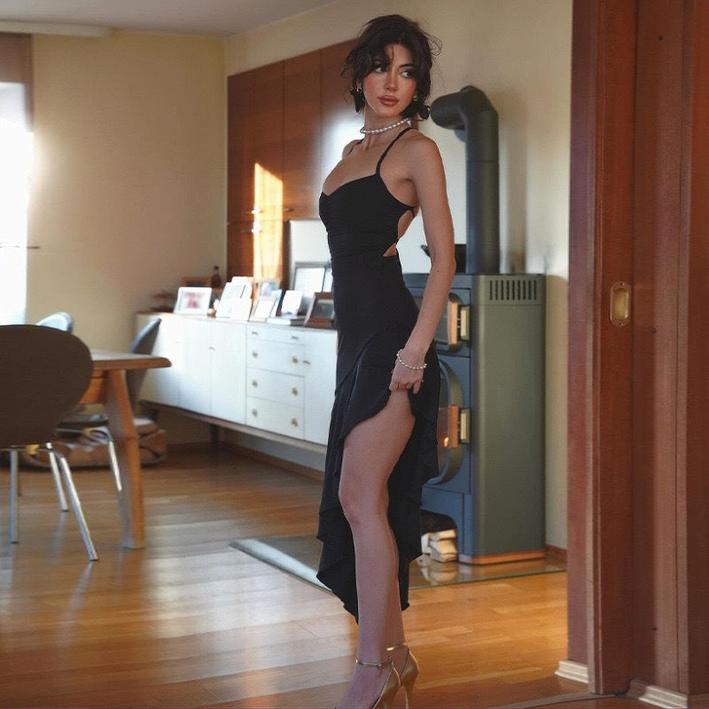 European and american  spring new sexy halter neck criss-cross back tie-up bodycon asymmetrical ruffle hem dress