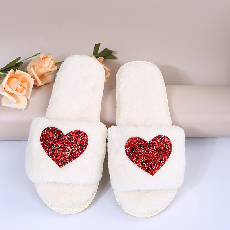 2024new arrival women's plus size fur slippers autumn winter one-piece flat heel open toe popularfashionheattech heart-shaped slippers