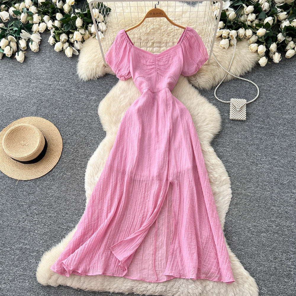 Lady style yellow casual puff sleeve dress women's summer lazy square neck waist slimming look a-line long skirt