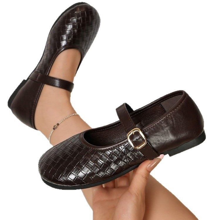 spring/autumn retro knitted mary janes - women's low-cut flats with single strap and flat, soft sole