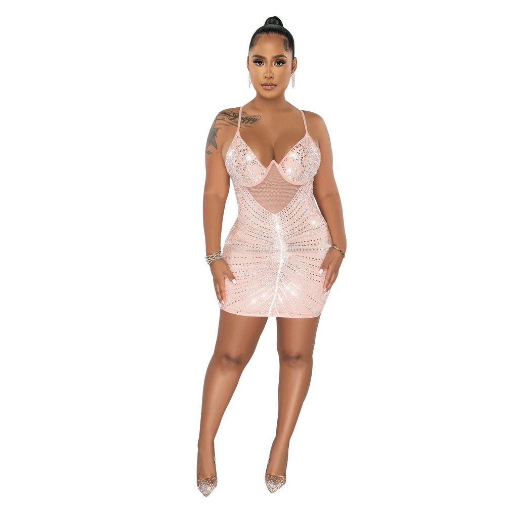 C6257 cross-border   fashion women's rhinestone mesh cami sleeveless mini dress