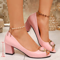 Summerautumnew arrivalsweet fish mouth flats women's thick heel high heel metal buckle women's leather shoes k-styleflatsladieswear shoes