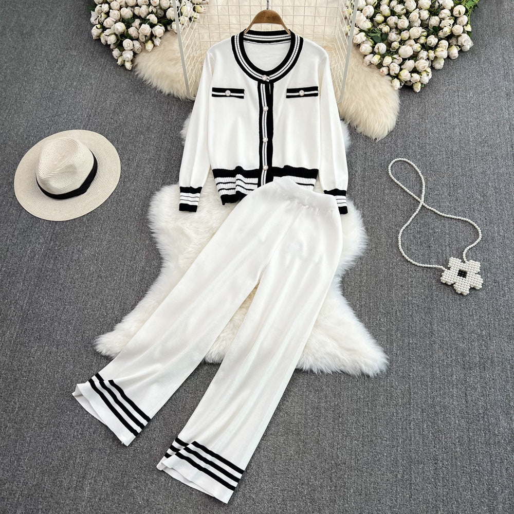 Fashionsuit women's round neck contrast color single breasted knittingcardiganoutweartwo-piece sethigh waistslimming lookstraight-legloose pants