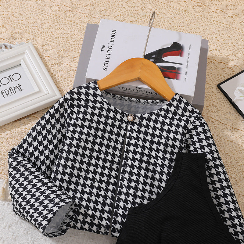 Girls' two-piece dress set: chanel-inspired houndstooth long-sleeve jacket with bow and a-line skirt, plus suspender dress