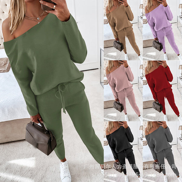YS2455TA13 Women's slanted shoulder solid color sweater + pants set 2-piece set