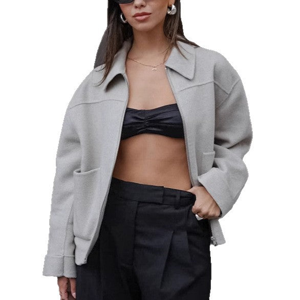 European and American  new 2025 autumn and winter woolen jacket women's simple gray versatile splicing long-sleeved warm cardigan