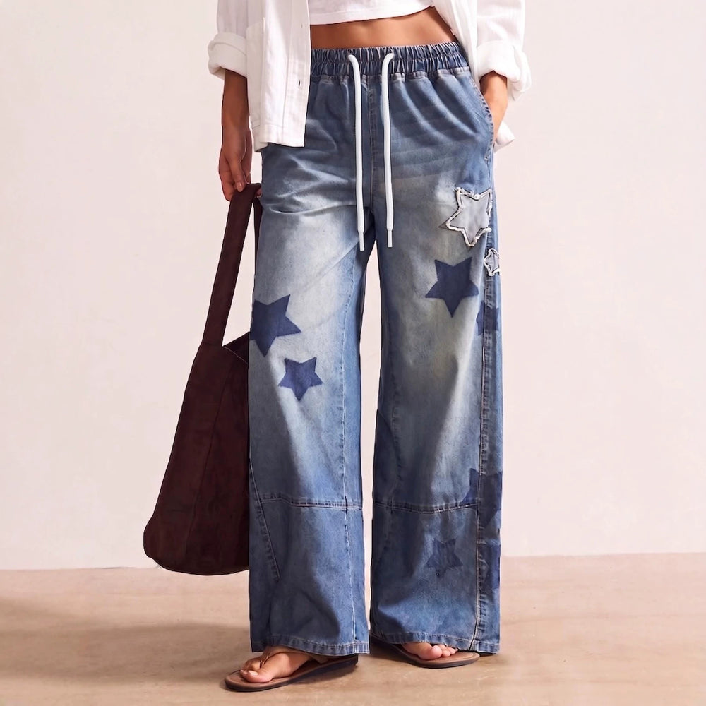 Amazon tiktok pinduoduo foreign trade cross-border fashion women's star patch embroidery drawstring denim wide-leg pants