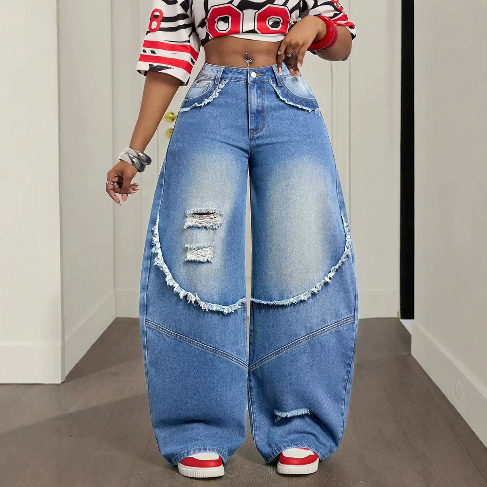 Fashionjeans women's high waist polished white ripped raw edge patchwork loose pants washed blue loosedrapedmoppants