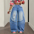 Fashionjeans women's high waist polished white ripped raw edge patchwork loose pants washed blue loosedrapedmoppants