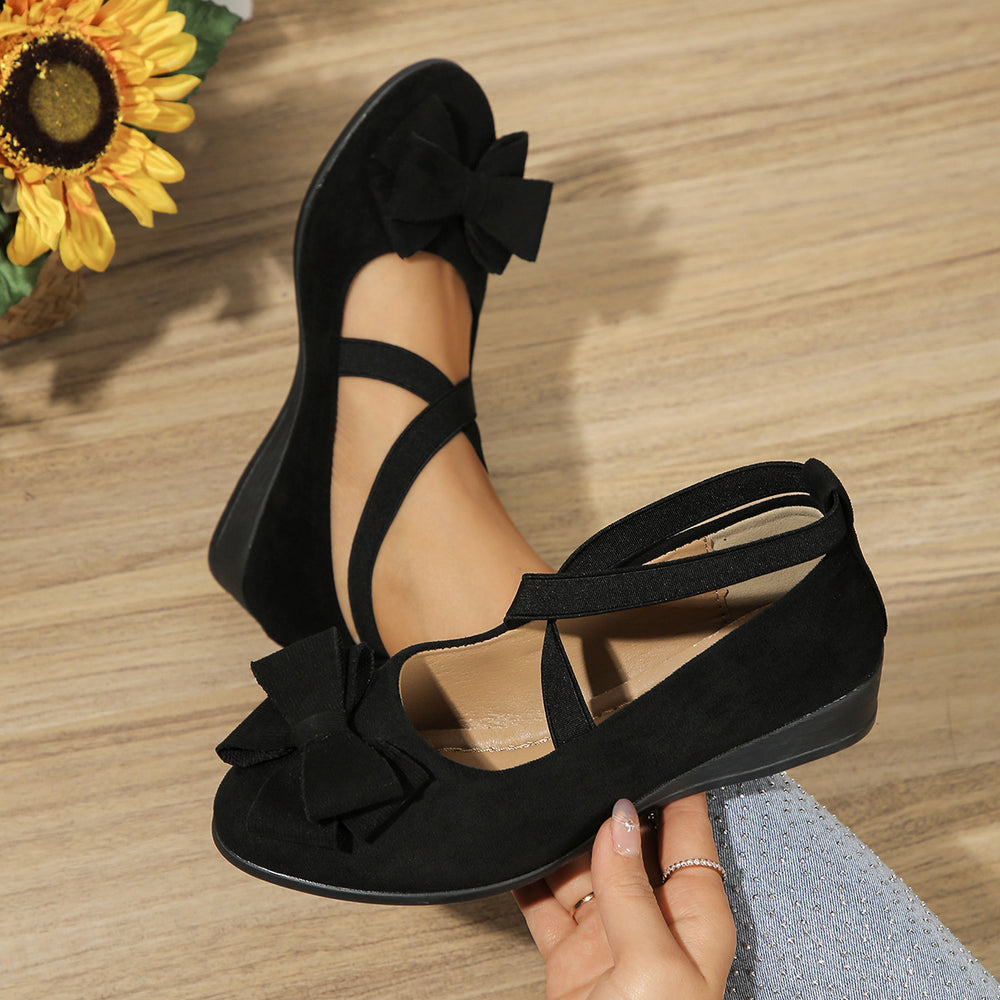 Export new arrival  spring autum elastic band bows beanie shoes suede wedge heel cross large size flats women