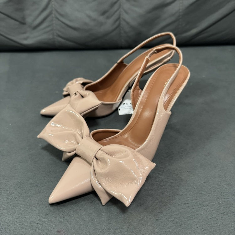 Z's patent leather stiletto sandals for women 2024 spring and summer baotou bows back strap pink high heels flats