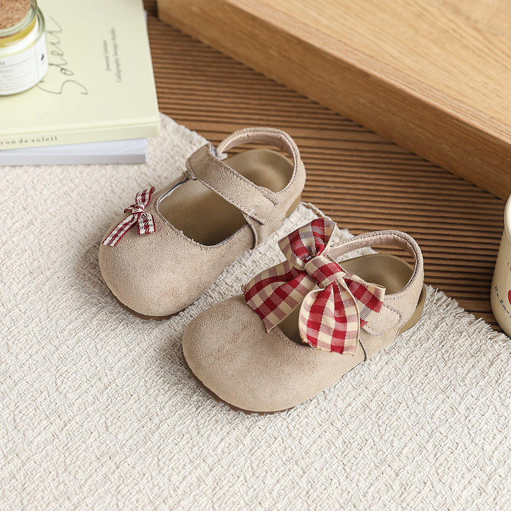 Vancahao girls' round-toe closed-toe sandals,  new plaid bowknot soft sole flats, versatile princess shoes