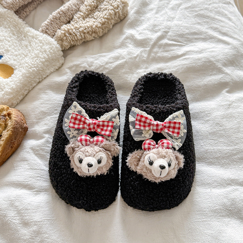 Cotton slippers women's autumn wintercute shirley rose bear outwearthick sole home non-slipfleece-linedheattech confinement shoes