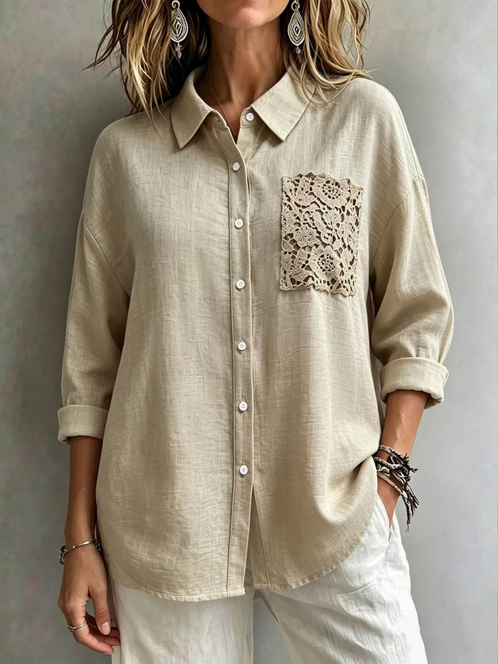 Exportfashion bohemia styleplus size shirt texture lapel cut outlaceflap pocket pants dropped shoulders long sleeves thin tops