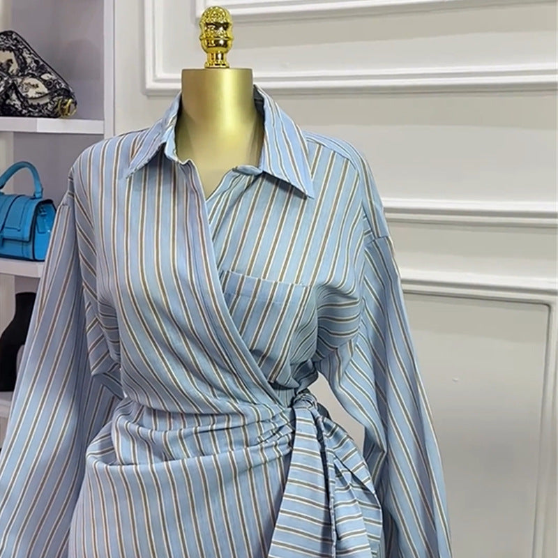 European and american women's clothing  autumn new sweet and fresh striped turn-down collar long sleeve tie-waist maxi dress