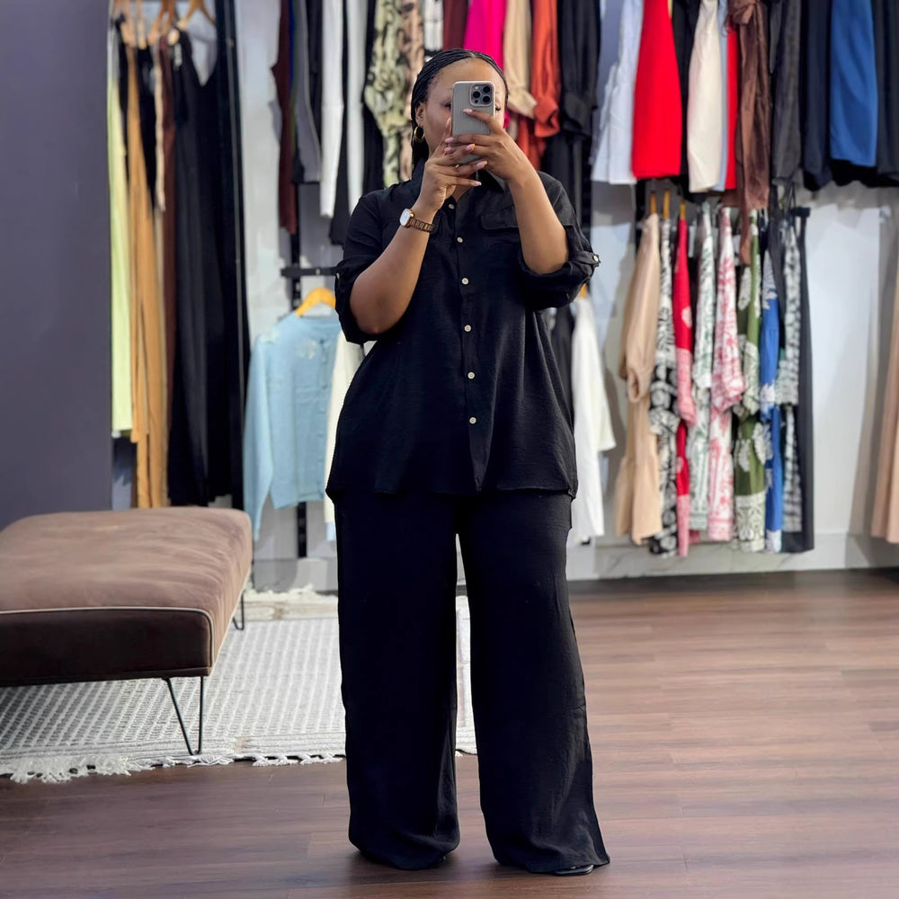 European and american cross-border women's clothing  spring/summer new collection: african-style plus size loose solid color long sleeve shirt and wide leg pants set