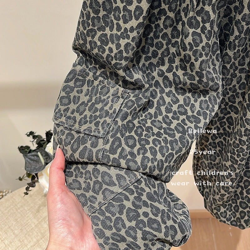 New girls' autumn outfit: versatile leopard print casual pants for baby girls, korean style, trendy and stylish children's wear
