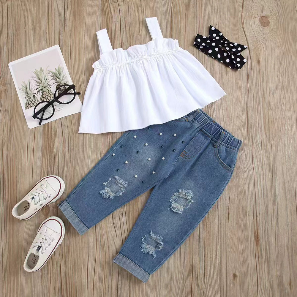 Girls' summer denim outfit: white lace cami top with beaded detail & distressed denim pants, includes headband